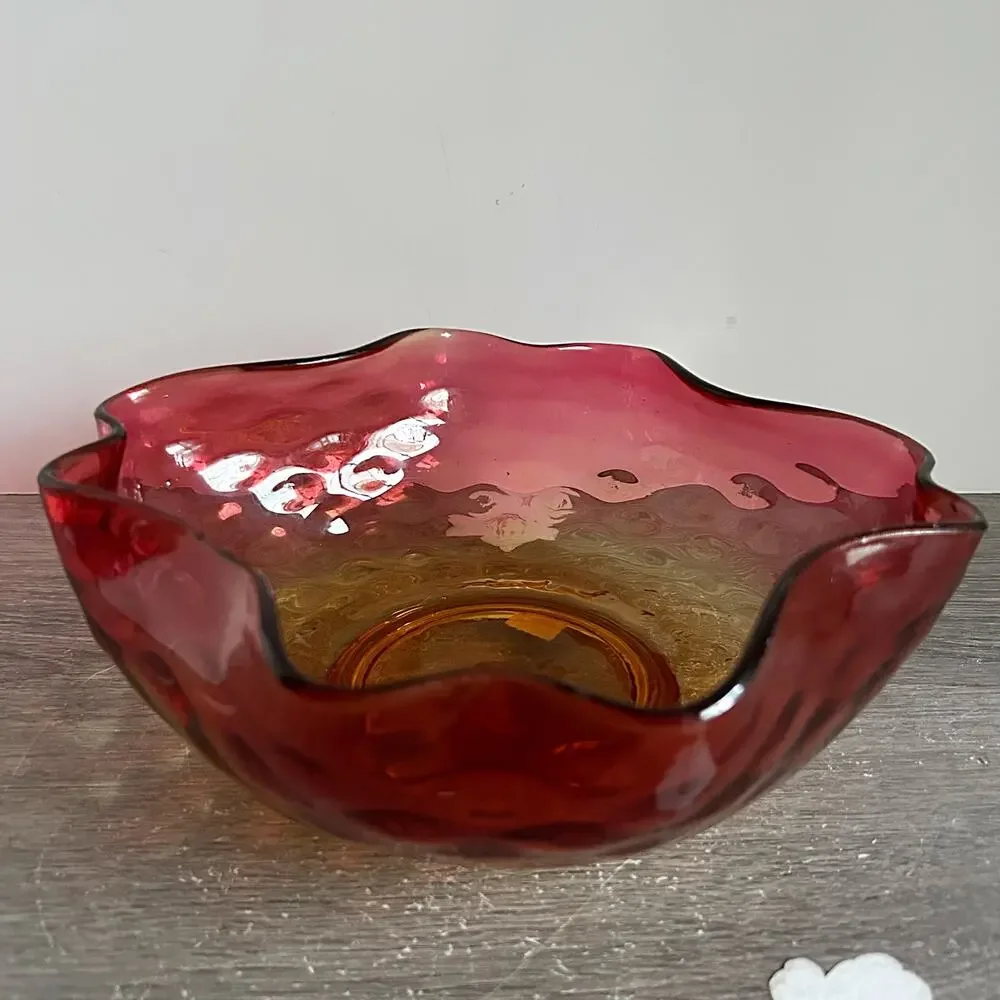 Antique Amberina Rose Amber Thumprint Art Glass Ruffle Edge Serving / Fruit Bowl